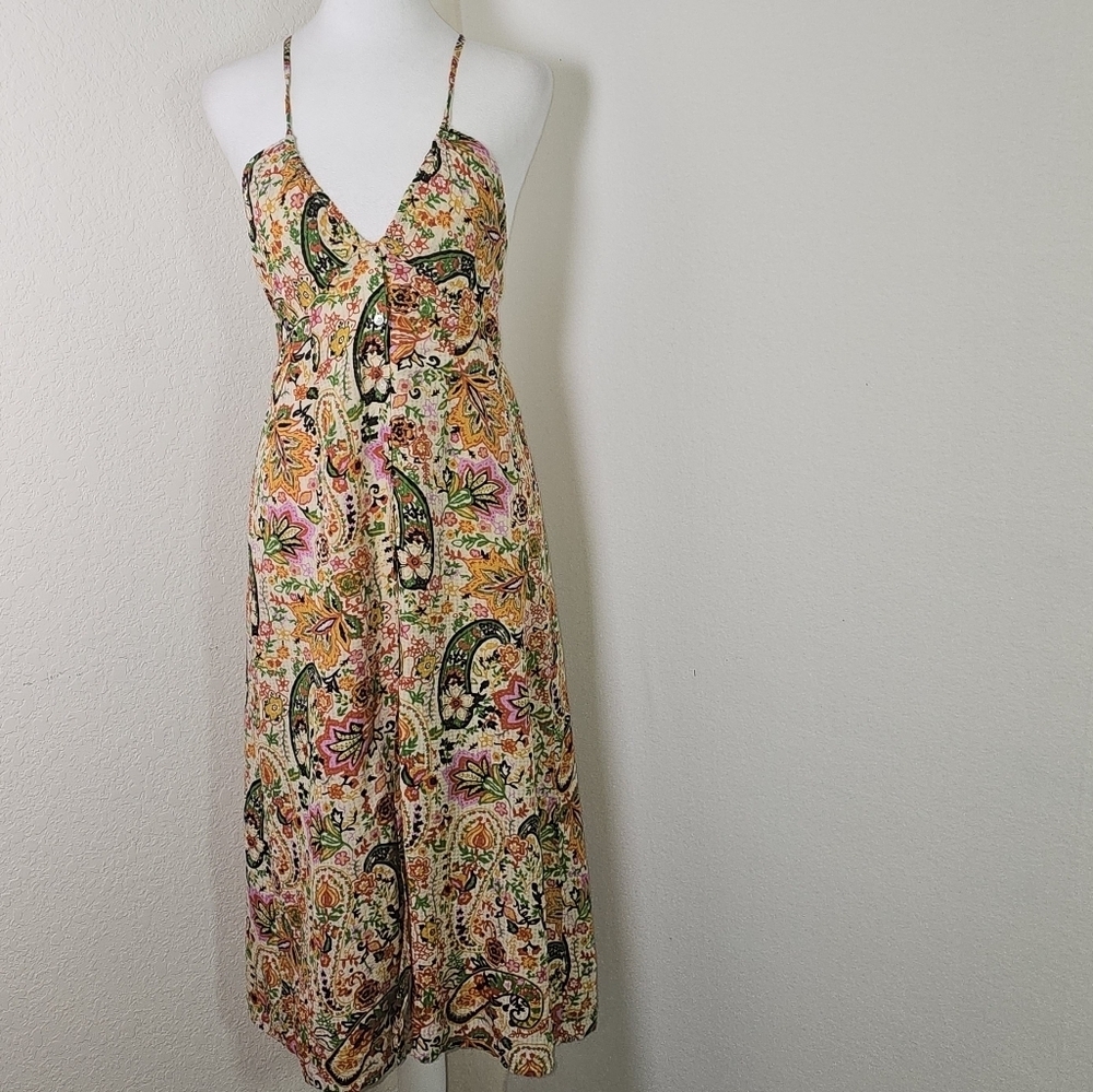 ba&sh Floral Paisley Midi Dress in Cream, Pink, Yellow, Green